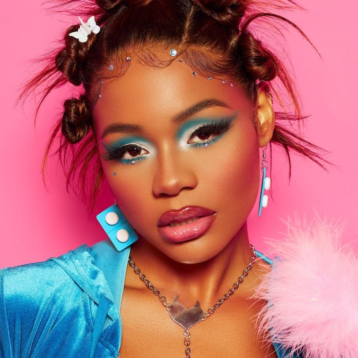 model showcasing an eyeshadow look created with the blue palette