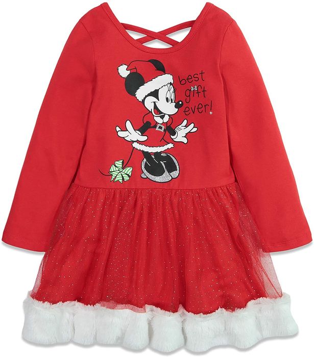 A red dress featuring Minnie Mouse, with a sparkly tulle skirt and white faux fur trim.