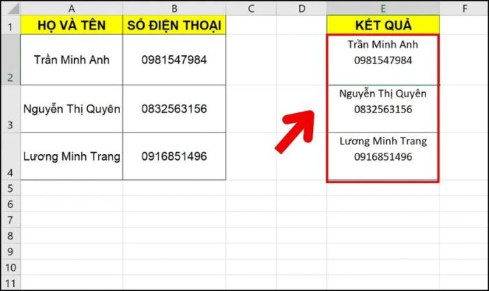Kết quả sau khi sử dụng hàm CONCATENATE kèm điều kiện