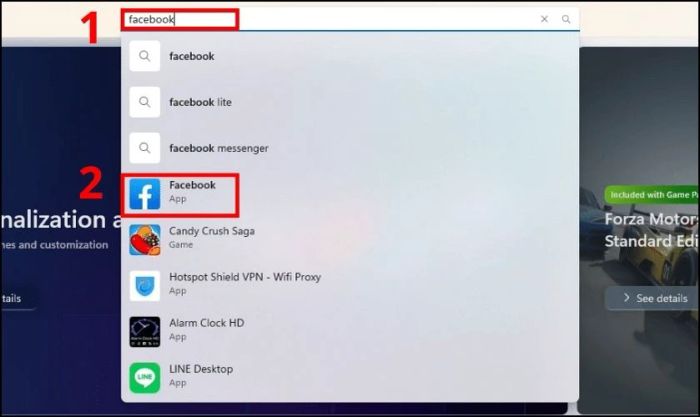 Nhập Facebook vào thanh tìm kiếm trên màn hình và nhấn phím Enter để tìm kiếm.