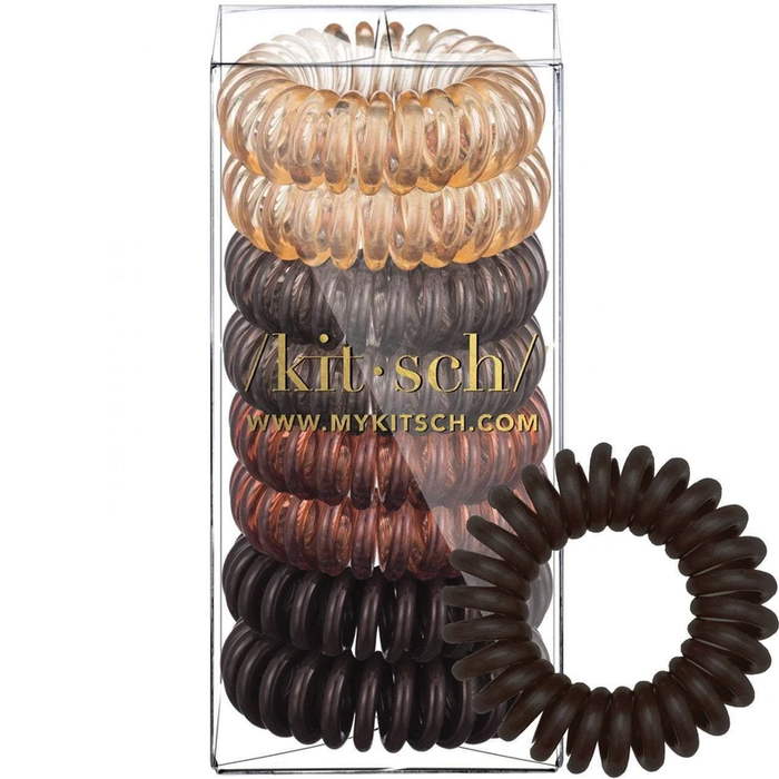 the back view of spiral hair ties in various brunette shades