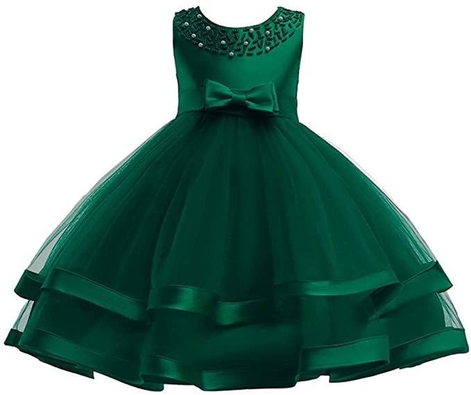 An emerald green children's ballgown.