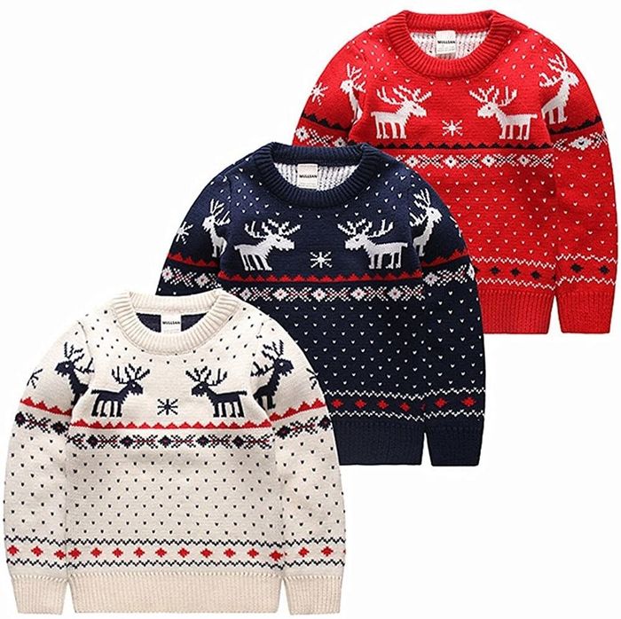 A sweater in a mix of white, blue, and red, adorned with festive reindeer motifs.