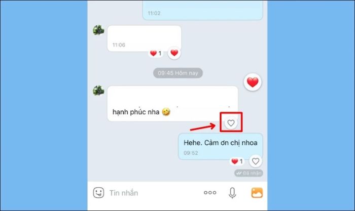 Nhấn vào biểu tượng trái tim phía dưới đoạn tin nhắn