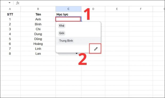 Chọn ô chứa bảng drop list hiện tại
