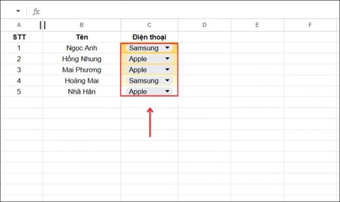 Kết quả sau khi tạo thành công drop list theo thang màu trong Google Sheets.