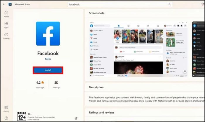 Nhấn chọn Install để tải và cài đặt Facebook trên máy tính của bạn.
