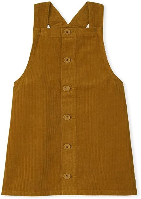 a warm camel-colored corduroy skirt overall dress