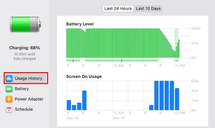 Chọn mục Usage History để xem chi tiết lịch sử sử dụng pin
