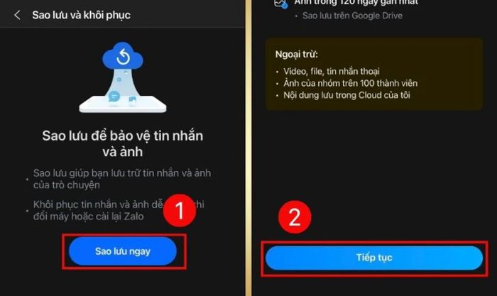 Vào Sao lưu và khôi phục, nhấn Sao lưu ngay và chọn Tiếp tục