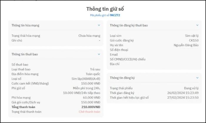 Trang web hiển thị thông tin thuê bao và Mã phiếu giữ số