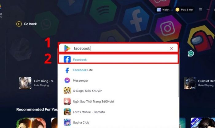 Tìm kiếm và chọn ứng dụng Facebook