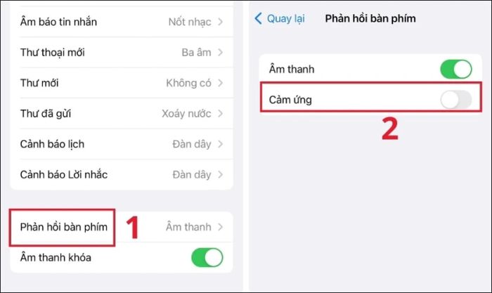 Nhấn vào Tắt mục Cảm ứng để vô hiệu hóa chế độ rung bàn phím trên iPhone
