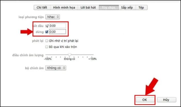 Chọn tab Tùy chọn và thiết lập thời gian cắt đoạn nhạc để làm nhạc chuông cho iPhone 11
