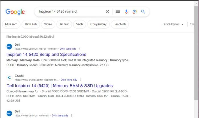 Tìm kiếm tên laptop kèm theo cụm từ “RAM Slot”