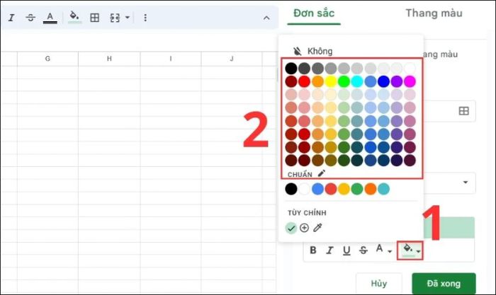 Bảng màu đơn sắc được sử dụng để tạo danh sách thả xuống trong Google Sheets.
