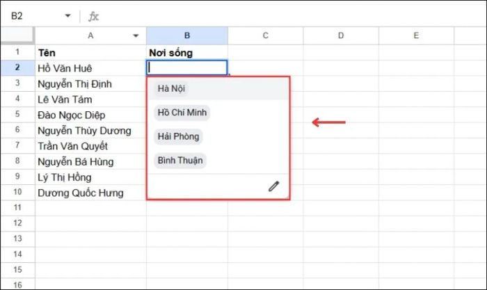 Kết quả sau khi tạo danh sách thả xuống trong Google Sheets