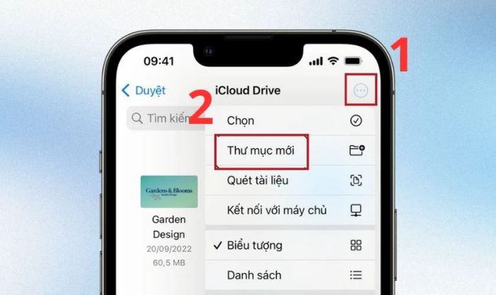 Nhấn vào biểu tượng 3 chấm và chọn tùy chọn Thư mục mới