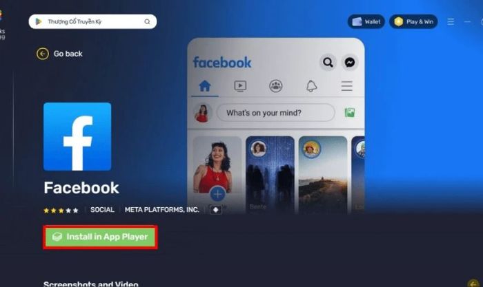 Chọn Install in App Player để tải Facebook về máy tính