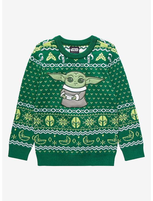 A holiday sweater in green, featuring Baby Yoda.