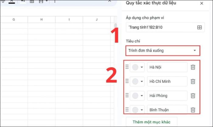 Nhập giá trị để tạo danh sách thả xuống