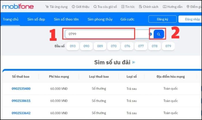 Nhập đầu số 0799 và nhấn nút Tìm kiếm