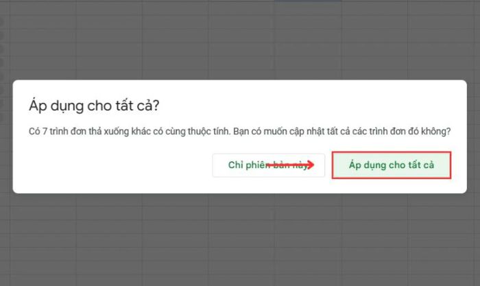 Cập nhật lựa chọn mới cho toàn bộ ô trong bảng drop list