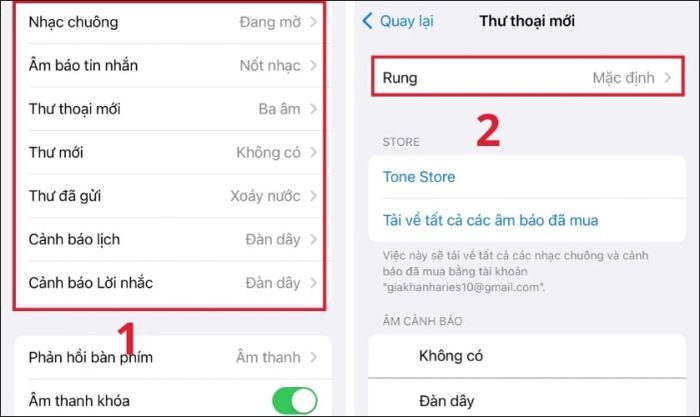 Chọn mục cần điều chỉnh chế độ Rung và nhấn vào mục Rung