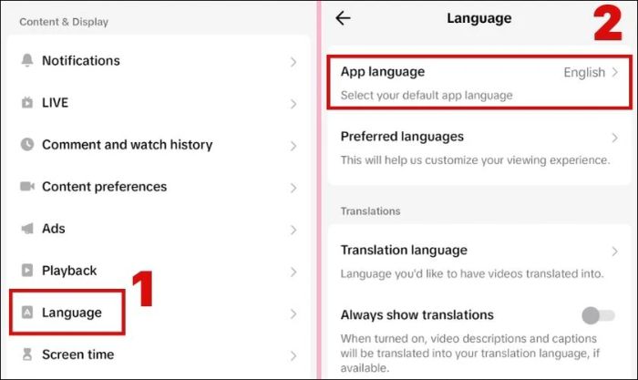 Chọn mục Language