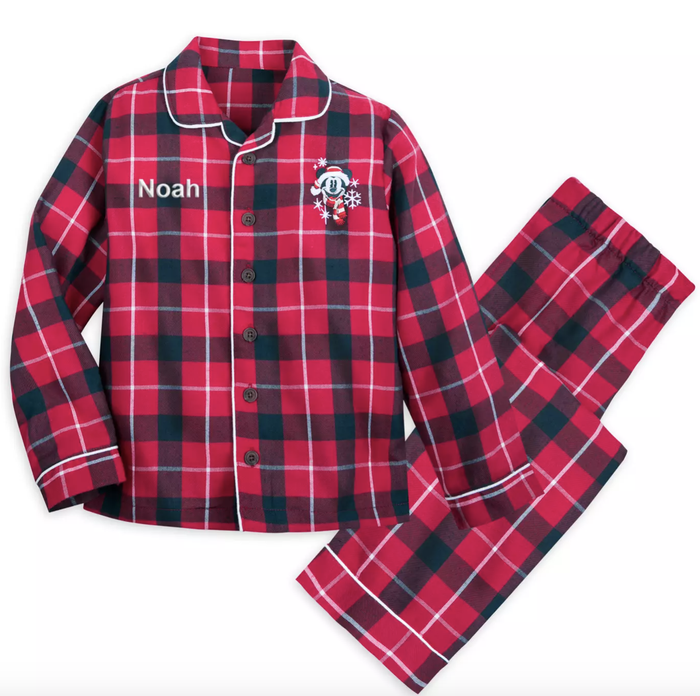 red and black flannel pajamas with the name 'noah' embroidered on one side and a Mickey Mouse design on the other