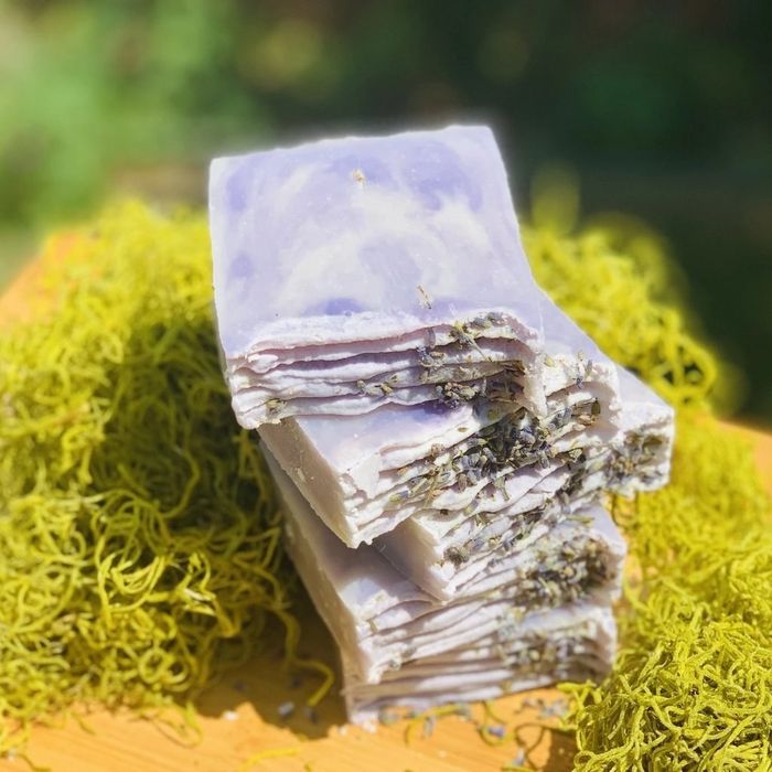 a pile of the lavender bars, showing the petals