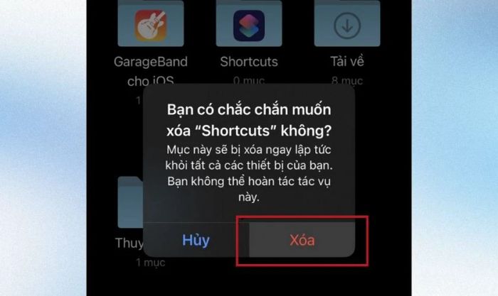 Xác nhận xóa trong hộp thoại hiện ra
