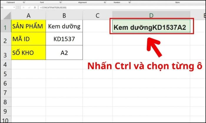 Kết quả sau khi ghép dữ liệu mảng bằng phím Ctrl
