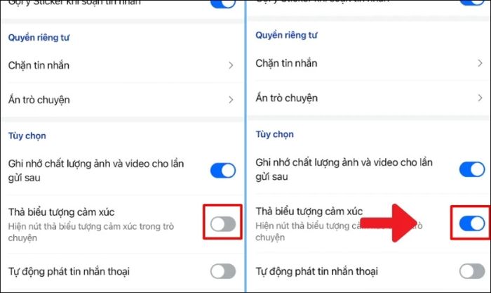 Nhấn chọn mục Thả biểu tượng cảm xúc