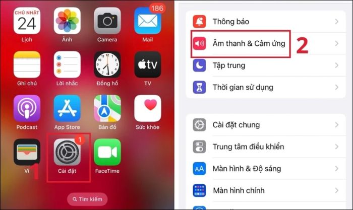 Truy cập ứng dụng Cài đặt, sau đó chọn mục Âm thanh và Cảm ứng