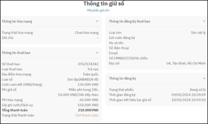 Website sẽ hiển thị chi tiết về thuê bao bạn đã chọn