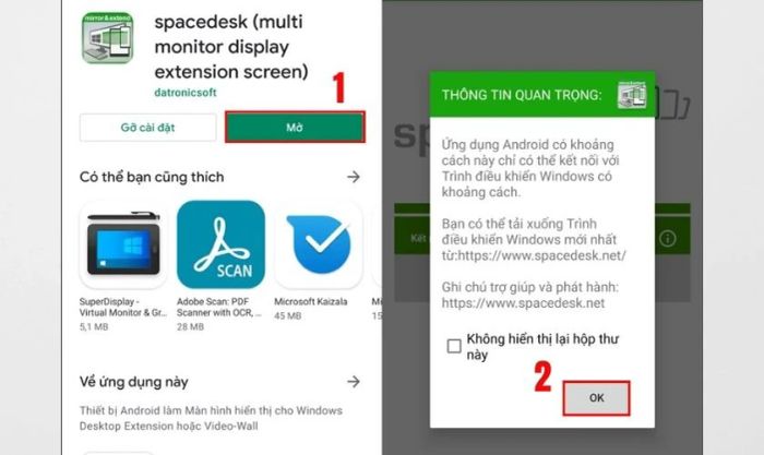 Khởi chạy ứng dụng SpaceDesk trên máy tính bảng và chọn Ok
