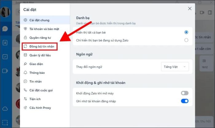 Trong phần cài đặt, bạn hãy chọn mục Đồng bộ tin nhắn để tiếp tục