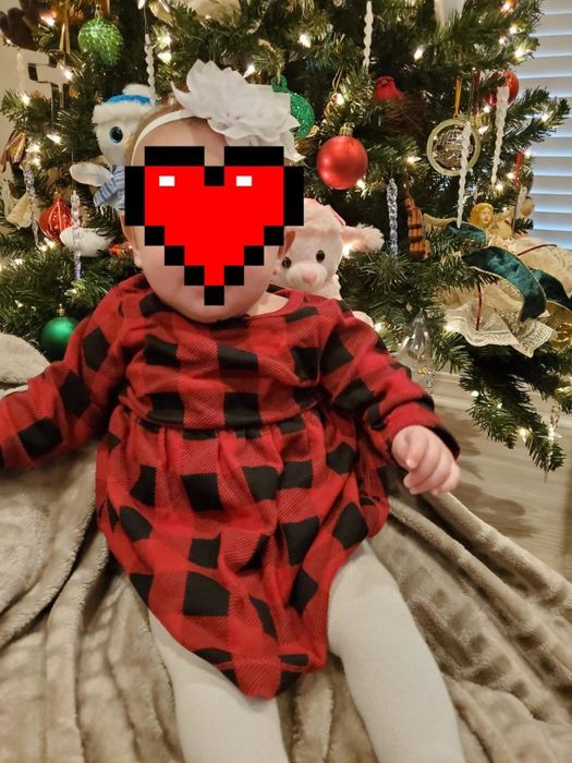 a baby wearing a red buffalo check dress
