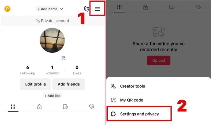 Nhấn vào biểu tượng 3 dấu gạch ngang và chọn Settings and Privacy