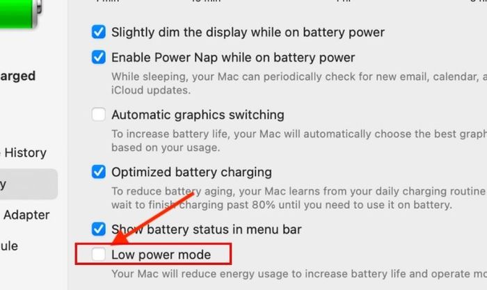 Chọn Battery và kích hoạt tùy chọn Low Power Mode