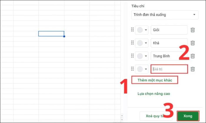 Nhập giá trị mới để thêm lựa chọn vào bảng