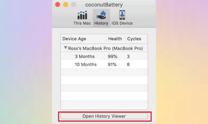 Nhấn vào Open History Viewer để xem chi tiết lịch sử pin