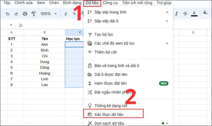 Nhấn vào Xác thực dữ liệu để tiếp tục