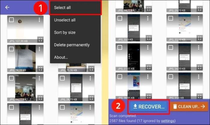 Bạn nhấn vào Select All và sau đó nhấn Recovery