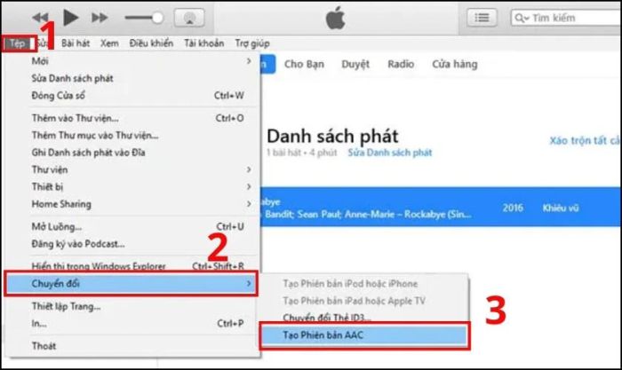 Nhấn vào Tệp trong menu, sau đó chọn Chuyển đổi và nhấn Tạo phiên bản AAC