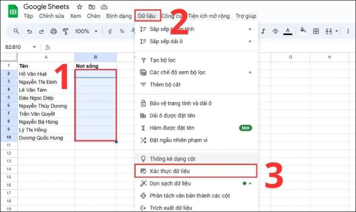 Chọn ô hoặc các ô bạn muốn tạo danh sách lựa chọn