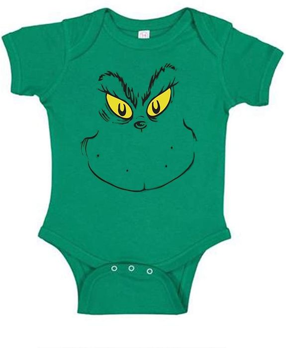 a green onesie adorned with the Grinch's mischievous face