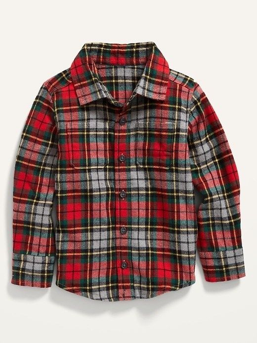 A child-sized flannel shirt in red, green, and yellow.