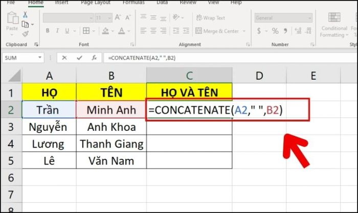 Sử dụng hàm CONCATENATE để ghép dữ liệu từ nhiều cột